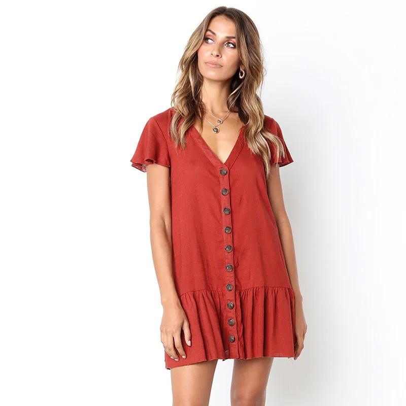 

2020 Summer Party Dresses Boho Short Dress Sexy Deep V-Neck Short Sleeve Ruffle Buttons Fashion Women Wild Elegant Dress Vestido