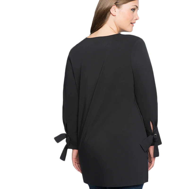 kissmilk 2020 Plus Size Solid Black V-neck Women Shirts Full Sleeve Lace Up Split Bow Female Clothing Sexy Lady Big Tops | Женская