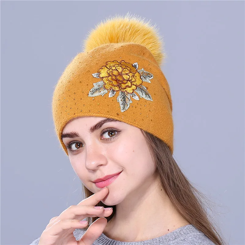 Xthree женская зимняя шапка, Модная вязаная шапка с вышивкой, шапка для женщин, натуральный Лисий мех, помпон, шерстяная шапка Skullie, шапка для девочек gorro - Цвет: fox fur ochre