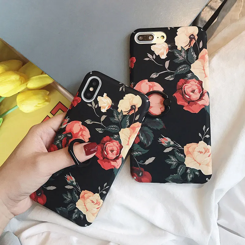 Винтажный чехол Boucho с цветочным принтом и кольцом для iPhone 6 6s 7 8 Plus X XS MAX XR Матовый