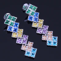 exquisite square multigem multicolor brown cubic zirconia silver plated drop dangle earrings v0199