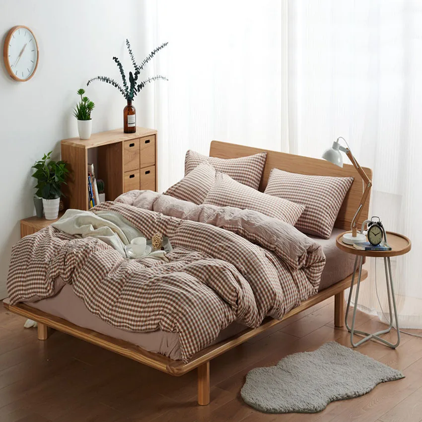 Pattern 11 Полосатый клетчатый Комплект постельного белья Королева ковровое покрытие набор простой промытый хлопок плоский/Простыня на резинке, наволочка пододеяльник набор 4 шт./компл - Цвет: Pattern 11