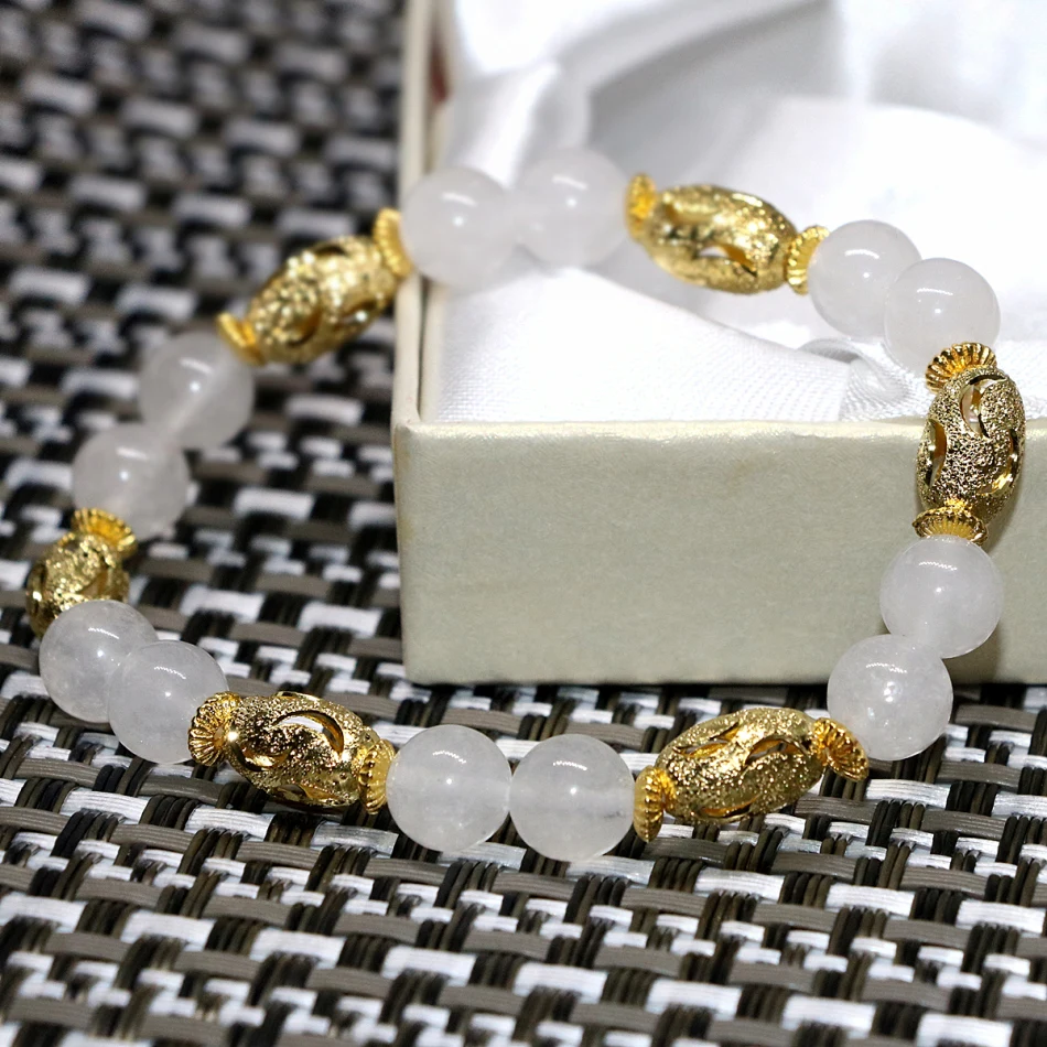 

Fashion Semi-precious Stone Strand Bracelets Natural White Jades Chalcedony 8mm Round Beads Fashion Jewelry Making 7.5inch B2046