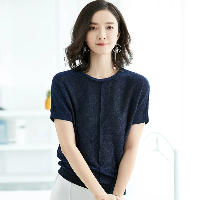 dark blue Летняя футболка с коротким рукавом, трикотажная футболка с круглым вырезом, женская шелковая одежда, блестящие Топы XZ107 - Цвет: dark blue