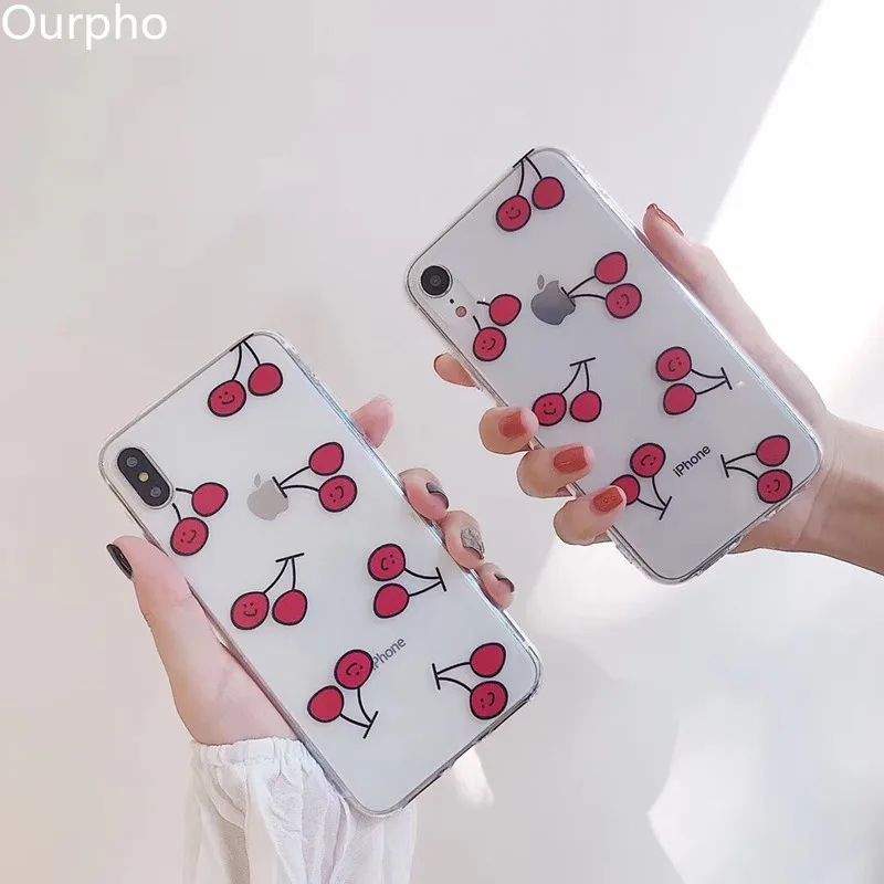 Ourpho утолщаются ТПУ Телефон чехол для iPhone 6 6s 7 8 plus INS стиль модная вишня X XR XS MAX