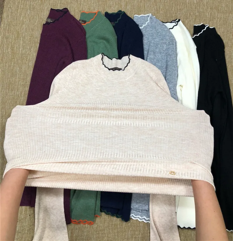 

cashmere silk wool blend knit women basics sweater pullover high elastic Oneck ruffles side one&over size