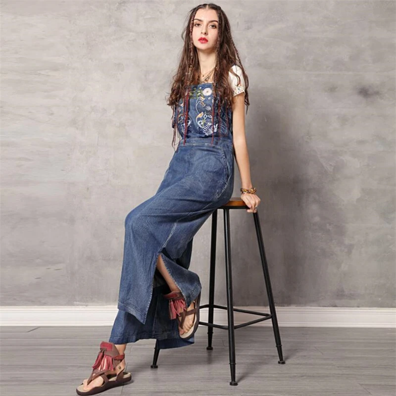 Комбинезон женский джинсовый с вышивкой винтажный хлопковый Ромпер для отдыха
