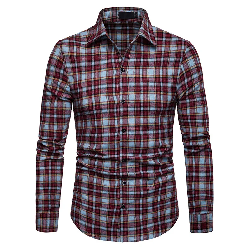 Коричневая винтажная клетчатая рубашка для мужчин Chemise Homme, новинка весны, мужская рубашка с длинным рукавом, приталенная Повседневная Уличная рубашка для мужчин
