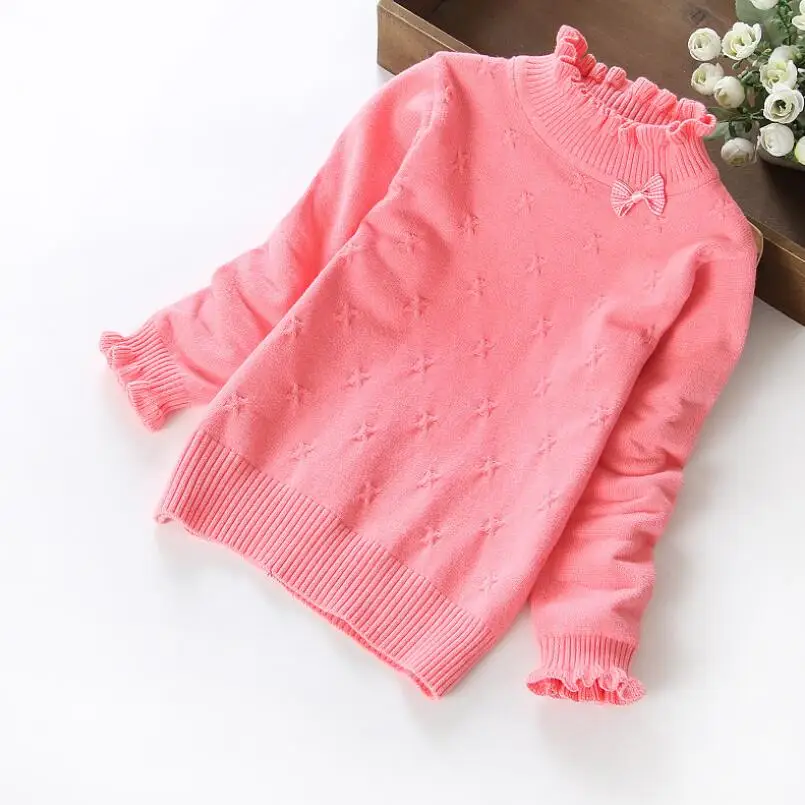 red pink Pullovers Осенне-зимняя одежда для маленьких детей от 18 месяцев до 11 лет пуловер для больших девочек, свитер детские вязаные свитера с длинными рукавами и оборками, с бантом, топы - Цвет: red pink Pullovers