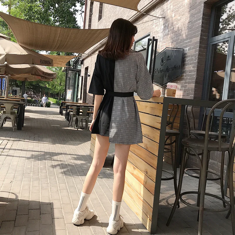 Женское платье с коротким рукавом платье-двойка в клеточку длинным поясом 2019 |