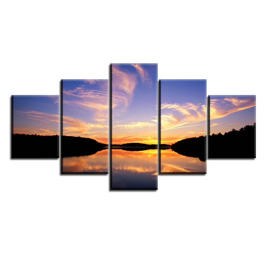 

5 pc Set ws-Dark-Forest-Lake-Red-Sunset NO FRAME Oil Painting Canvas Prints Wall Art Pictures For Living Room Decorations