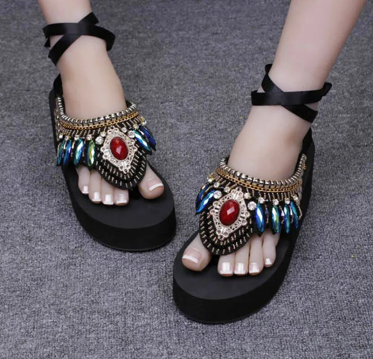 Сланцы женские на танкетке пляжная обувь с цветочным принтом ручная работа