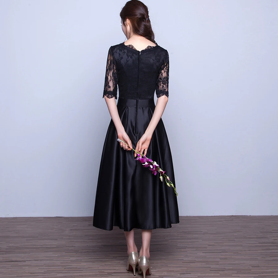 Сексуальный о вырез с коротким рукавом черное кружевное длиной до колен