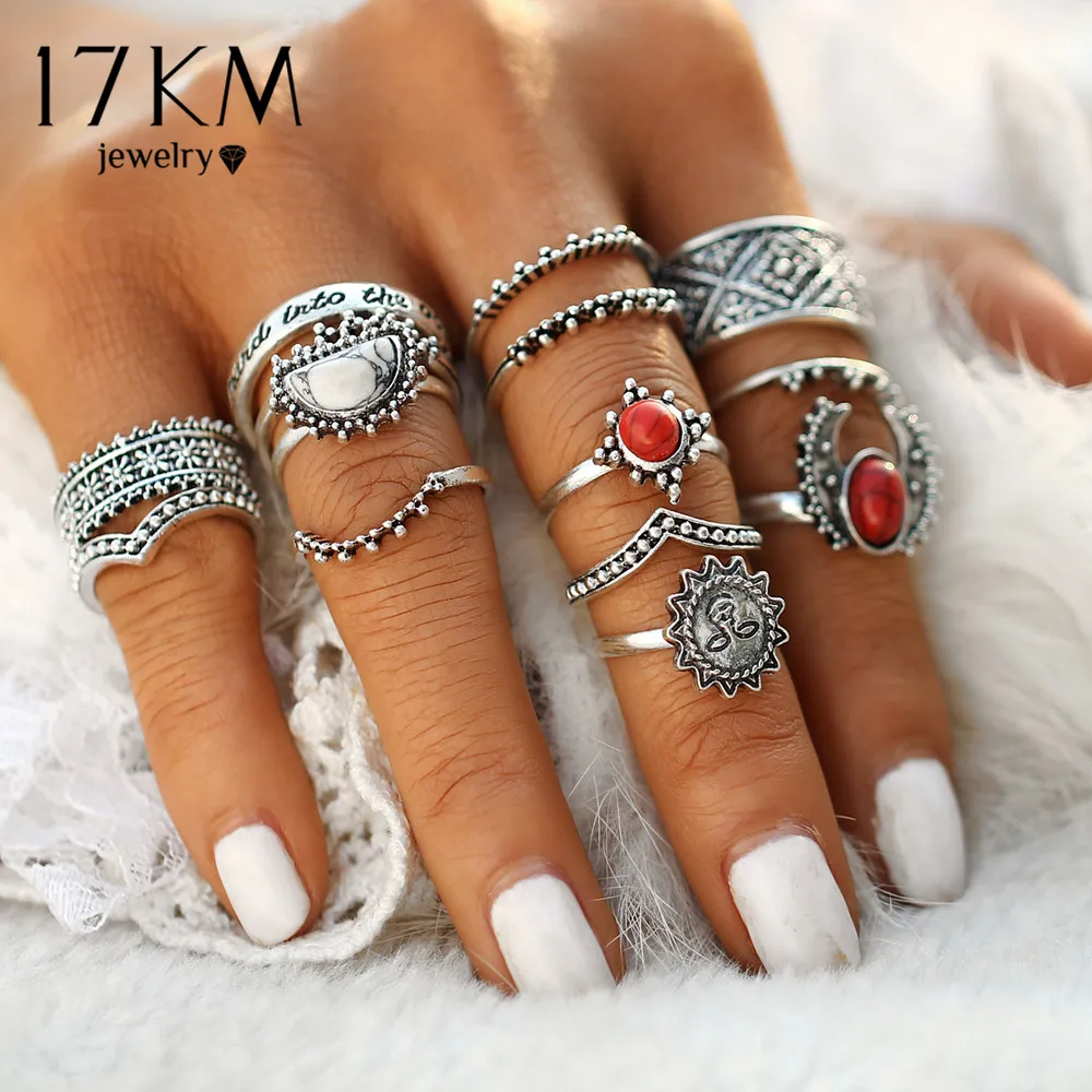 17 КМ Винтаж Серебряный Цвет Луна И Солнце Костяшки Midi Женский Кольцо Наборы для