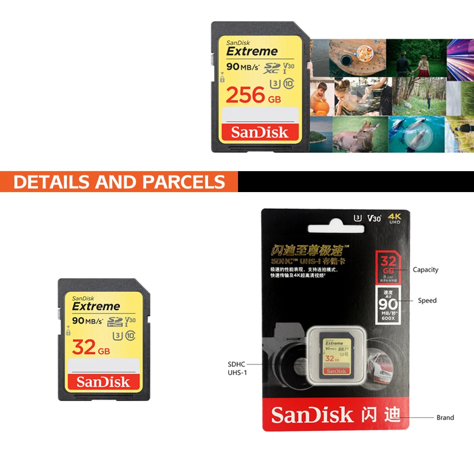 Двойной Флеш-накопитель SanDisk Extreme SD карта 32 Гб SDHC/SDXC карты памяти 16 Гб sd-карта 64 Гб cartao de memoria 128 ГБ U3 Class10 90 МБ/с. для Canon Камера