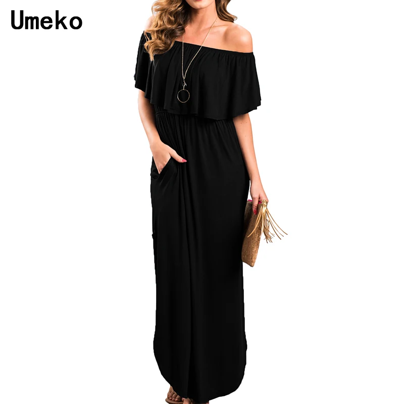 Umeko/Новое модное платье для женщин с рюшами открытыми плечами коротким рукавом
