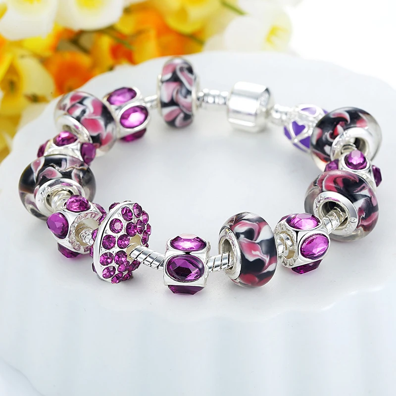 BK модный браслет в европейском стиле с фиолетовыми стеклянными бусинами из