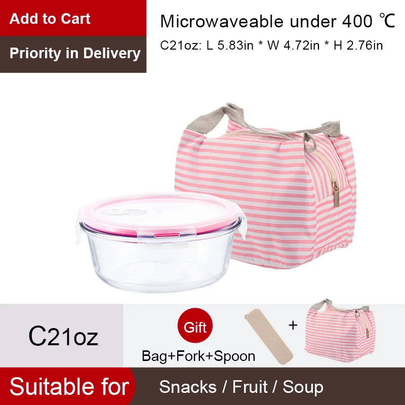 R21oz-Pink Bag OTOR стеклянный контейнер для еды, Ланч-бокс 3 с отделениями бенто, коробки для микроволновой посуды, контейнер для хранения еды, стеклянный Crisper - Цвет: R21oz-Pink Bag
