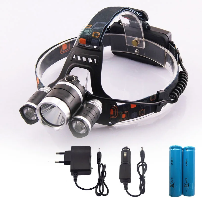 

3 T6 Led Head Lamp Torch Light Rechargeable Frontal Headlamp Lampe Frontale With Car Charger 18650 Batteries For Fishing