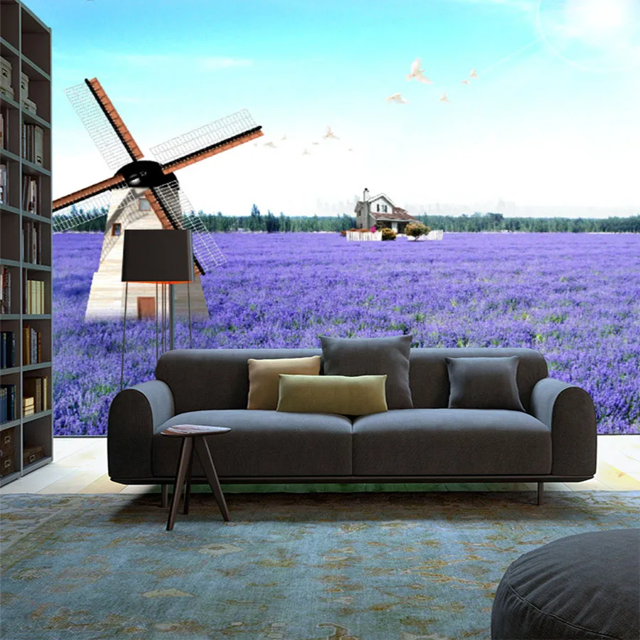Лавандовая ветряная мельница природный ландшафт винтажная 3D комната фото обои
