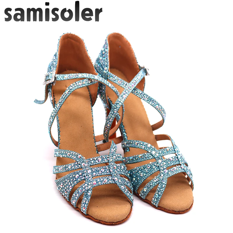 Samisoler/Синие стразы; Обувь для бальных танцев; женская обувь для сальсы; Женская Профессиональная Обувь для танго; обувь для латинских танцев; стильная обувь на высоком каблуке