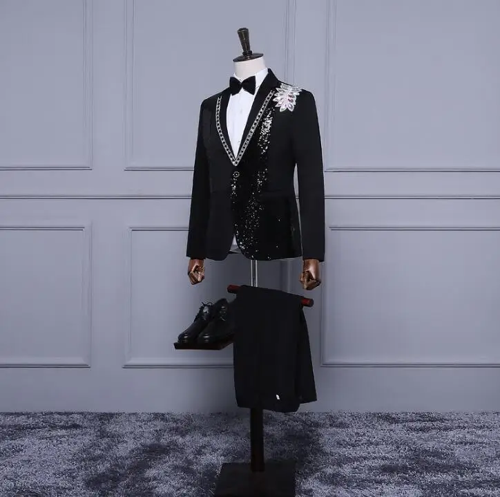 

Singer dance stage clothing for men diamond suit set with pants 2020 mens wedding suits costume groom formal dress tie black
