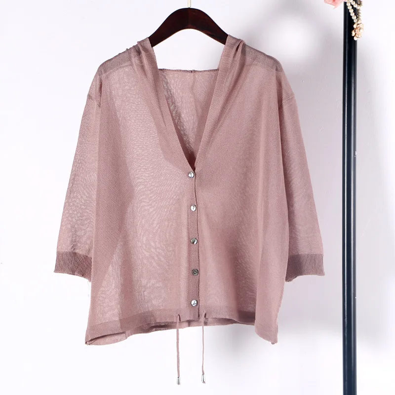 

Shuchan Hooded Cardigans Women Linen 2019 Summer Casual Computer Knitted Sweater Women 3/4 Sleeve High Quality Tops Cddm-622