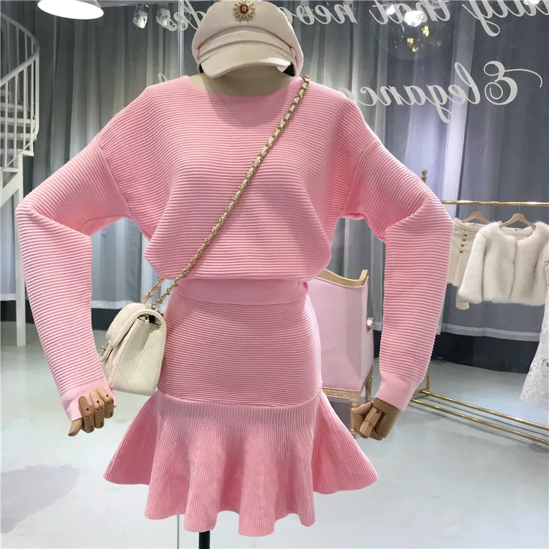 Женский вязаный костюм ALPHALMODA Однотонный свитер с длинными рукавами и юбка