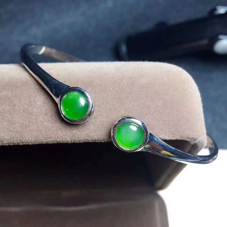 Natural green jasper gem bangle S925 silver natural gemstone Fashion simple Opening round Flower woman party gift jewelry | Украшения и