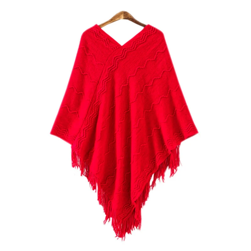 DSQUAENHD Winter Knit Tassel Hooded Cloak Women Casual Loose V-neck Wave Pattern Clothings Coats Batwing Cardigans Poncho |
