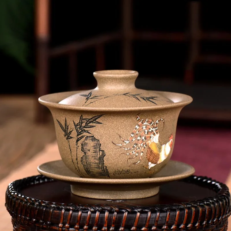 180 мл Исин высокое Класс Gaiwan Чай миска с крышкой блюдце натуральный чайник из фиолетовой глины петух картина узор посуда Zisha Чай ware