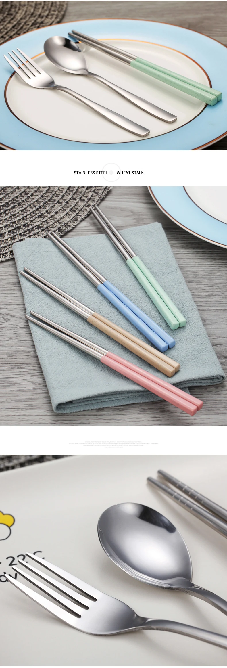 WORTHBUY Portable Dinnerware Set Stainless Steel Cutlery With Wheat Straw Handle Tableware Set For Kids School Dinner Set