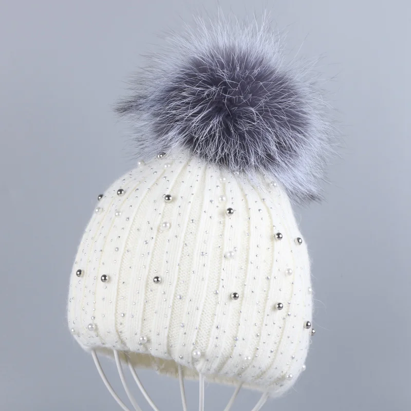 Fox Pom white hat Новая женская кашемировая зимняя шапка, тонкие шапочки из натурального меха лисы и норки, помпоны, шапочки Skullies, кашемировые Стразы модные зимние шляпы - Цвет: Fox Pom white hat