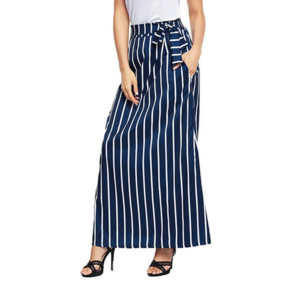 Spring Autumn Fashion Women Striped High Empire Waist Pleated Bohemian Solid Color Bandage Beach Maxi Long Skirt 2018 | Женская одежда