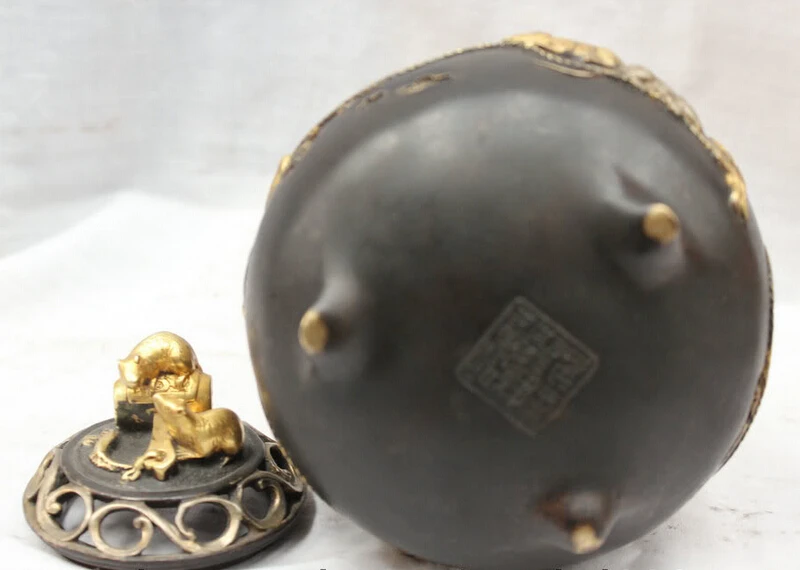 

free shipping S2177 Marked Chinese Dynasty Palace Bronze 24k Gilt Mouse Mice Incense Burner Censer