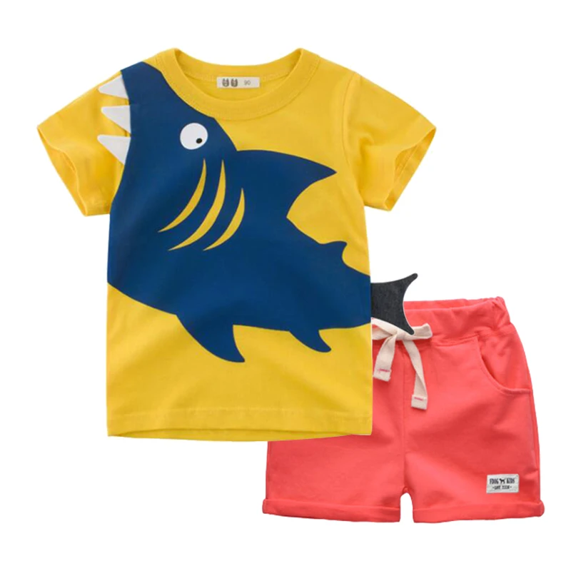 Yellow Red BINUDUCKLING/ г. Модный летний комплект одежды для маленьких мальчиков, футболка с короткими рукавами и принтом акулы+ шорты, детская одежда из хлопка - Цвет: Yellow Red