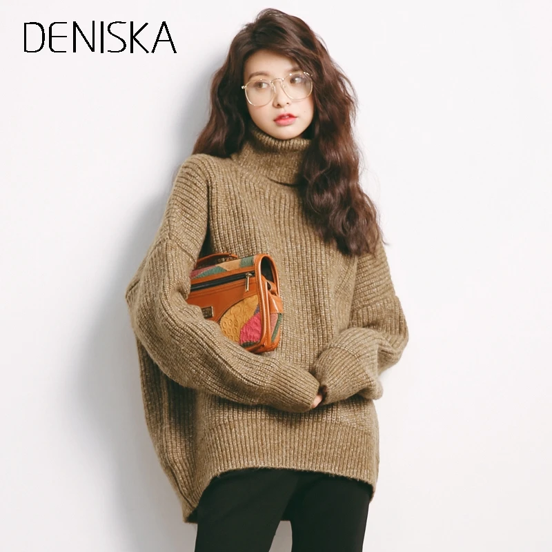 DENISKA 2018 Pullover Winter Sweaters Women Loose Style Oversized Turtleneck Long Sleeve Soft Warm Thick Casual Jumper F | Женская