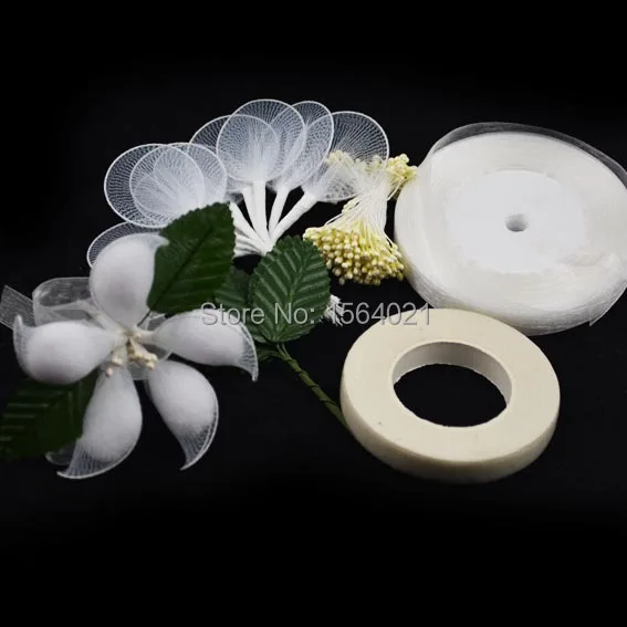 DIY Иордания миндаль держатели наборы для цветочного сувениры(Миндаль держатель/Цветочные ленты/зеленые листья/цветок тычинки /sheer ribbons