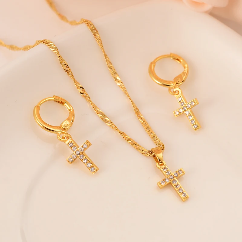 

cz cross Necklace Earrings Set Gold Color Catholic Religious wedding bridal Jewelry Set Christmas birthday Gift For Women