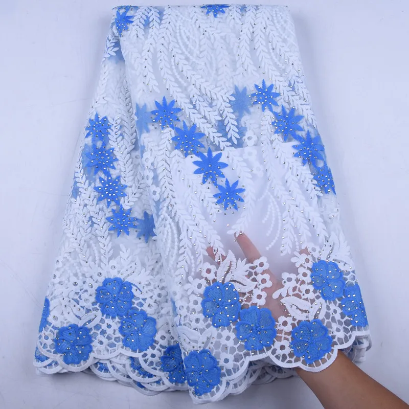 Высокое качество небесно-голубое Африканское молочного цвета Шелковое кружево