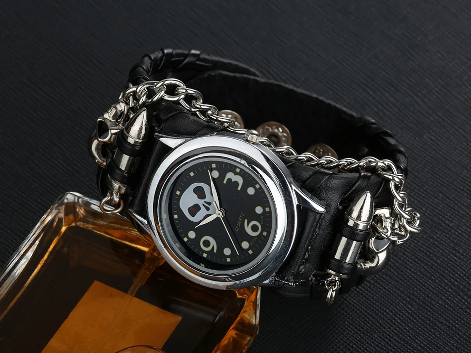 Кварцевые часы наручные крутой панк браслет пуля Череп цепь готический стиль