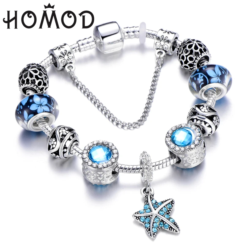 HOMOD Fashion Gift Jewelry Starfish Pendant Charm Bracelet With Crystal Beads Brand Bracelets For Women Summer Accessories | Украшения и