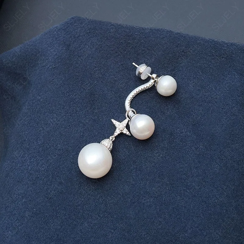 B Pearl Earring SLJELY, 925 пробы, серебряные, асимметричные серьги для женщин, циркониевые, перо, лист, Изящные Жемчужные Серьги, женские модные вечерние ювелирные изделия - Окраска металла: B Pearl Earring