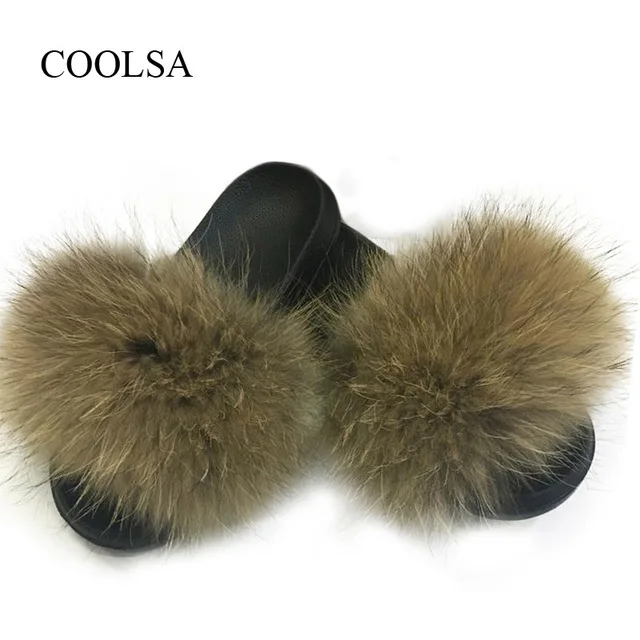 Raccoon color Coolsa Для женщин лисий мех тапочки в форме сердца разноцветные пушистые реального меховые шлепанцы женские сандалии с мехом дома милые плюшевые обувь - Цвет: Raccoon color