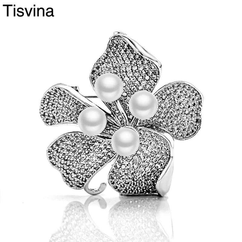 Tisvina 5 лепестков цветок жемчуг броши для женщин хорошее ювелирное изделие серебро