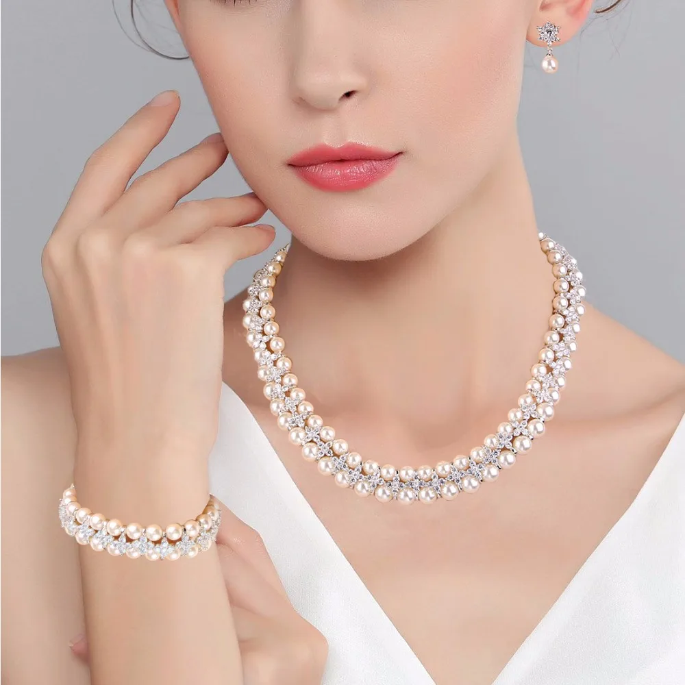 Tuliper Elegant Clover Flower Bridal Necklace Earrings Bracelet Set Cubic Zircon Pearl Jewelry Wedding Party | Украшения и