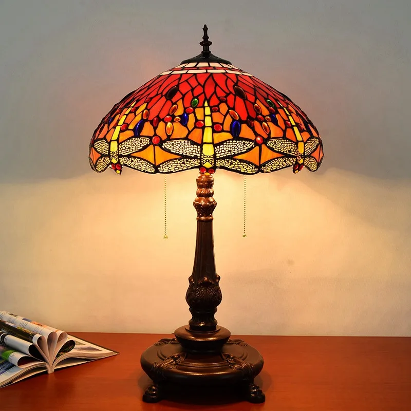 

45CM European retro Tiffany red dragonfly table lamp stained glass living room bedroom bedside lamp bar wedding gift table lamp