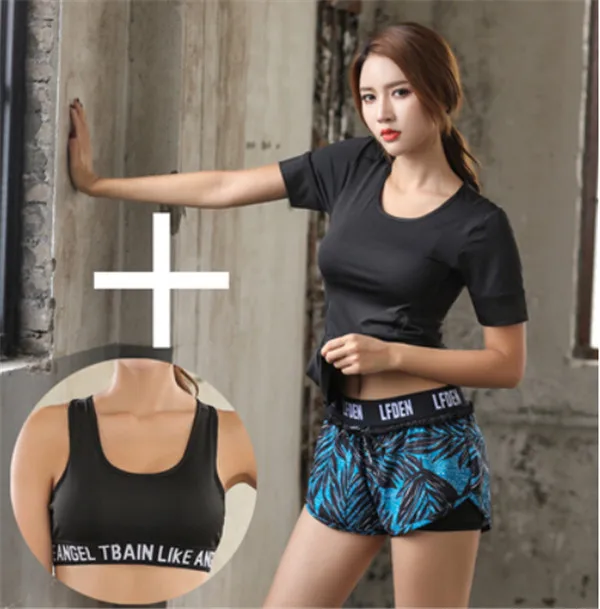 3 piece set f Летний женский спортивный комплект из 4 предметов для бега, быстросохнущая футболка+ бюстгальтер+ сетчатые шорты+ штаны, костюм для фитнеса, спортзала, йоги, одежда для тренировок - Цвет: 3 piece set f