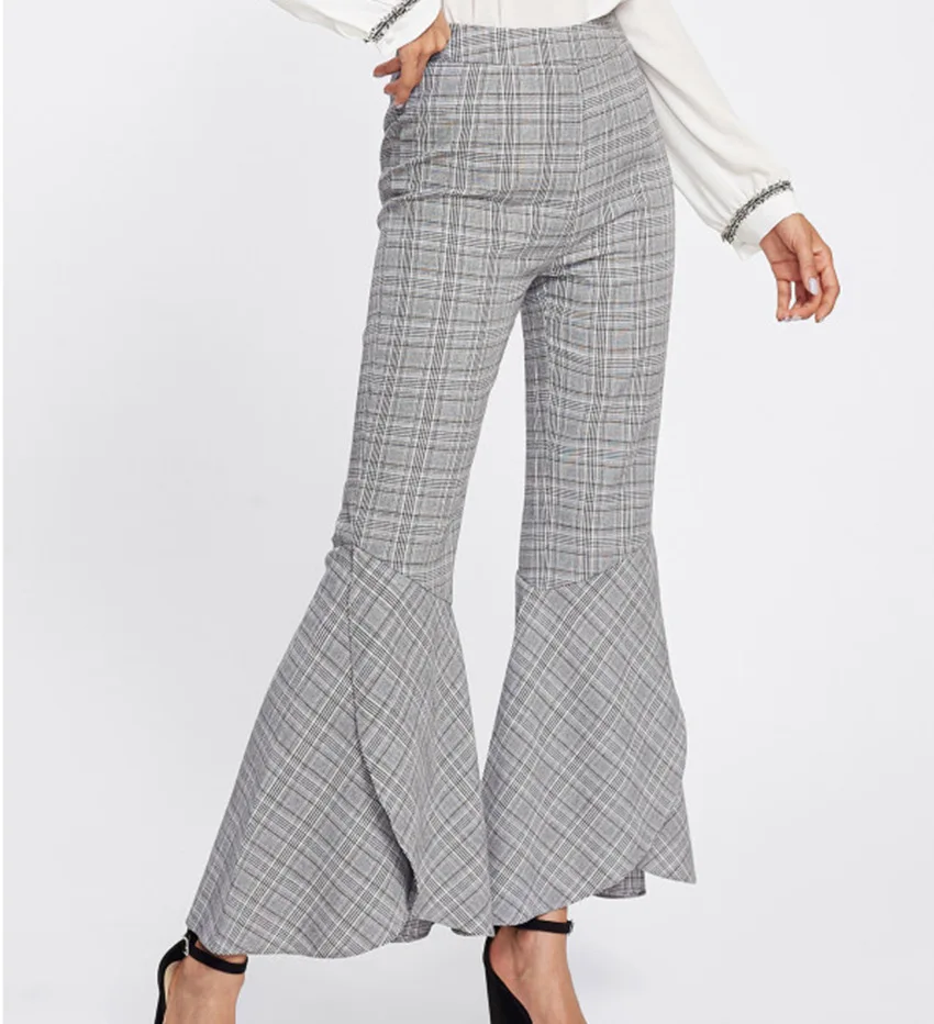 Модные клетчатые рюшами хлопок высокой талии flare Рог Штаны женские большие