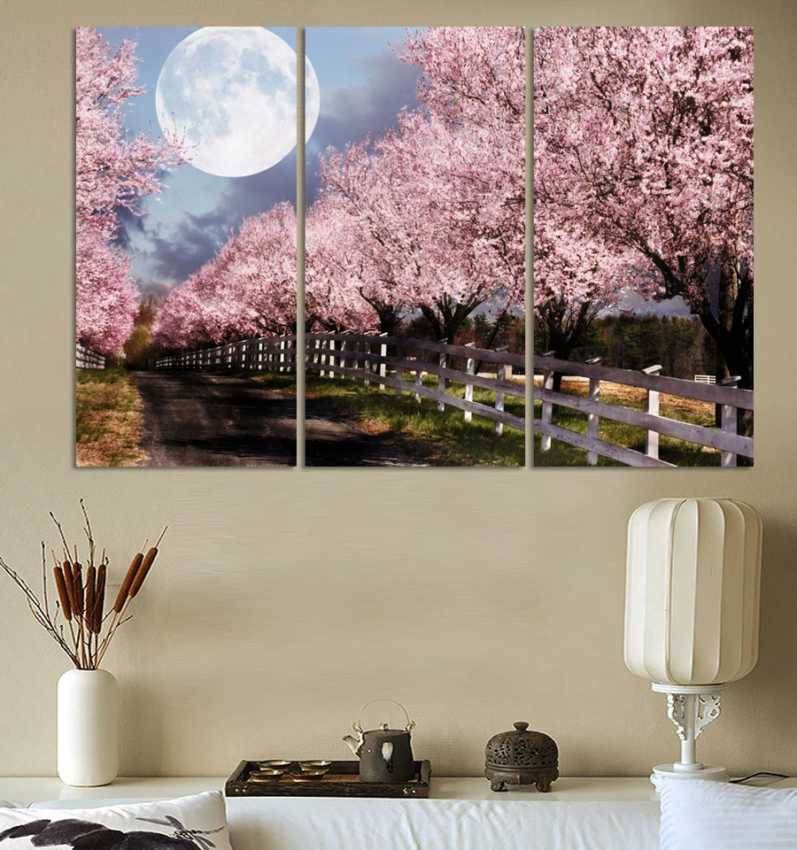 3 шт. картина маслом вишневый цвет в лунном свете|3 piece|home decorpainting blossom |